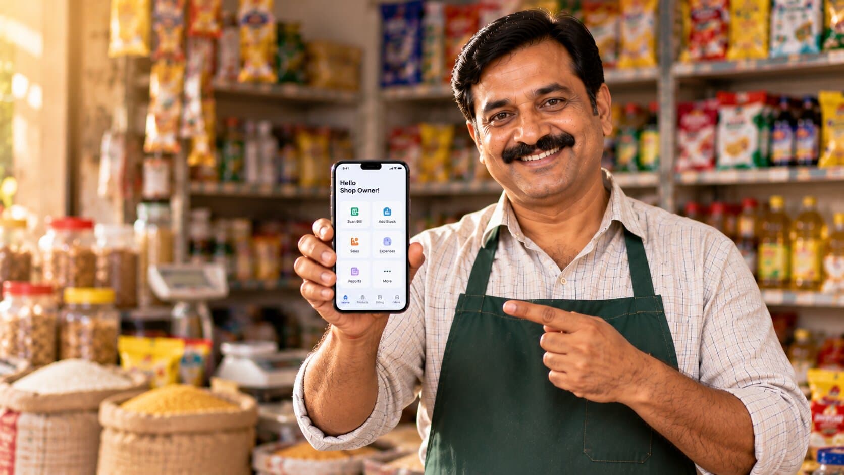 A shop owner showing Dukania on his phone
